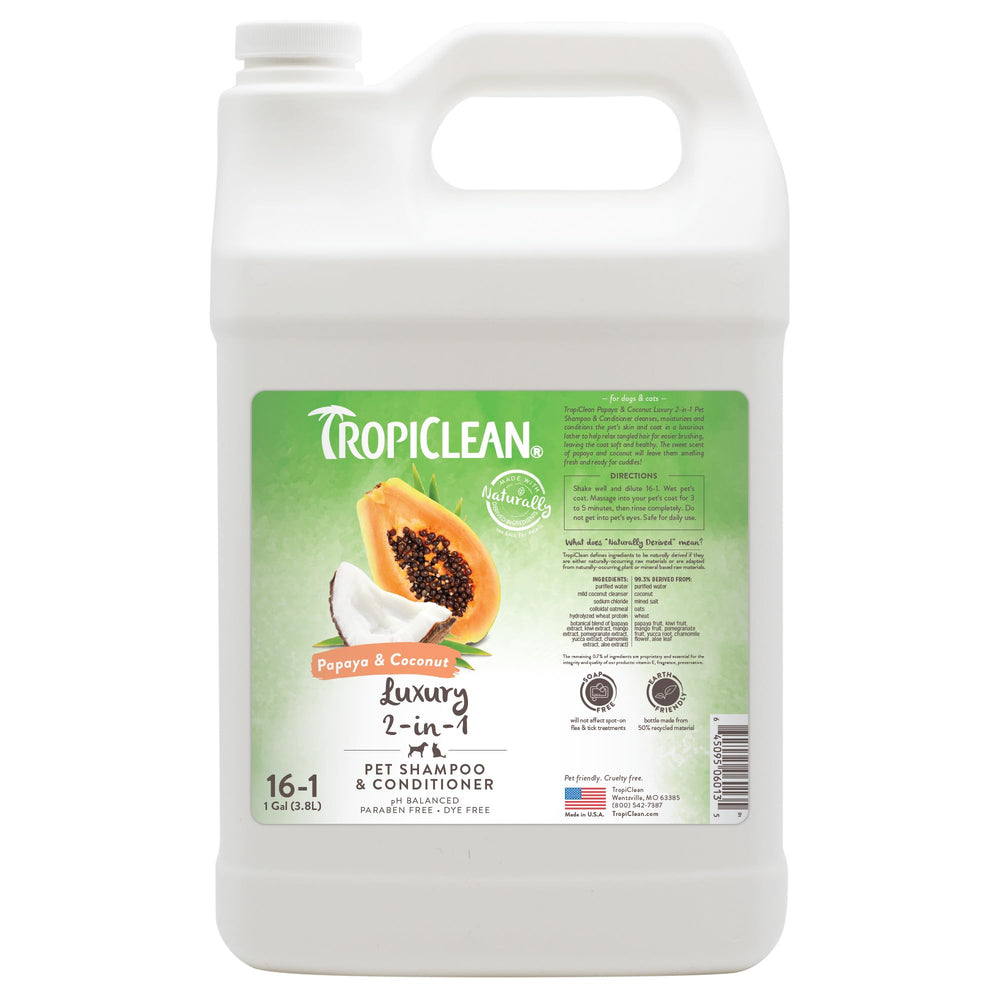 TropiClean 2-in-1 dog shampoo bottle featuring papaya scent and gentle, pH-balanced cleanse.
