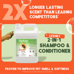 TropiClean 2-in-1 dog shampoo pour showing easy lather and detangling potential.