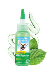 TropiClean clean teeth gel bottle for dogs showing easy, no-brushing dental care and fresher breath