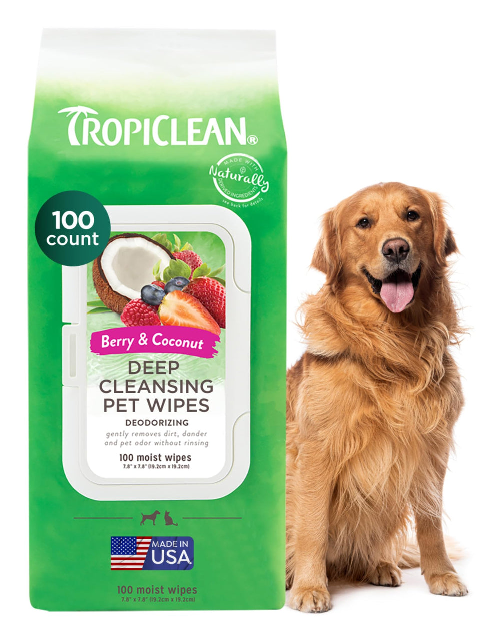 TropiClean Deep Cleaning Pet Wipes pack keeps pets clean on the go.