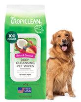 TropiClean Deep Cleaning Pet Wipes pack keeps pets clean on the go.