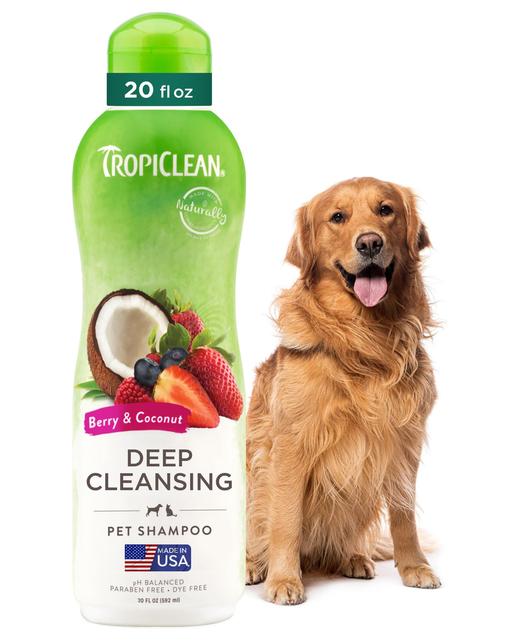 TropiClean deodorizing dog shampoo bottle with berry scent for lasting odor control.