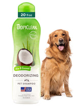 TropiClean deodorizing dog shampoo bottle with aloe coconut scent for lasting odor control.