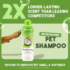 TropiClean deodorizing dog shampoo foam forming on coat for refreshed, cleaner smell.