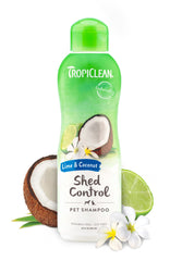 TropiClean deshedding dog shampoo bottle demonstrates nourishing coat care.