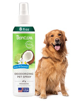 TropiClean dog perfume bottle showing lime coconut scent for lasting freshness.