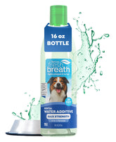 TropiClean Fresh Breath Advanced bottle being poured for daily dental care.