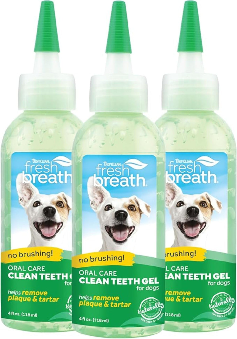 TropiClean Fresh Breath gel for dogs in a 4oz triple-pack supports daily dental care.