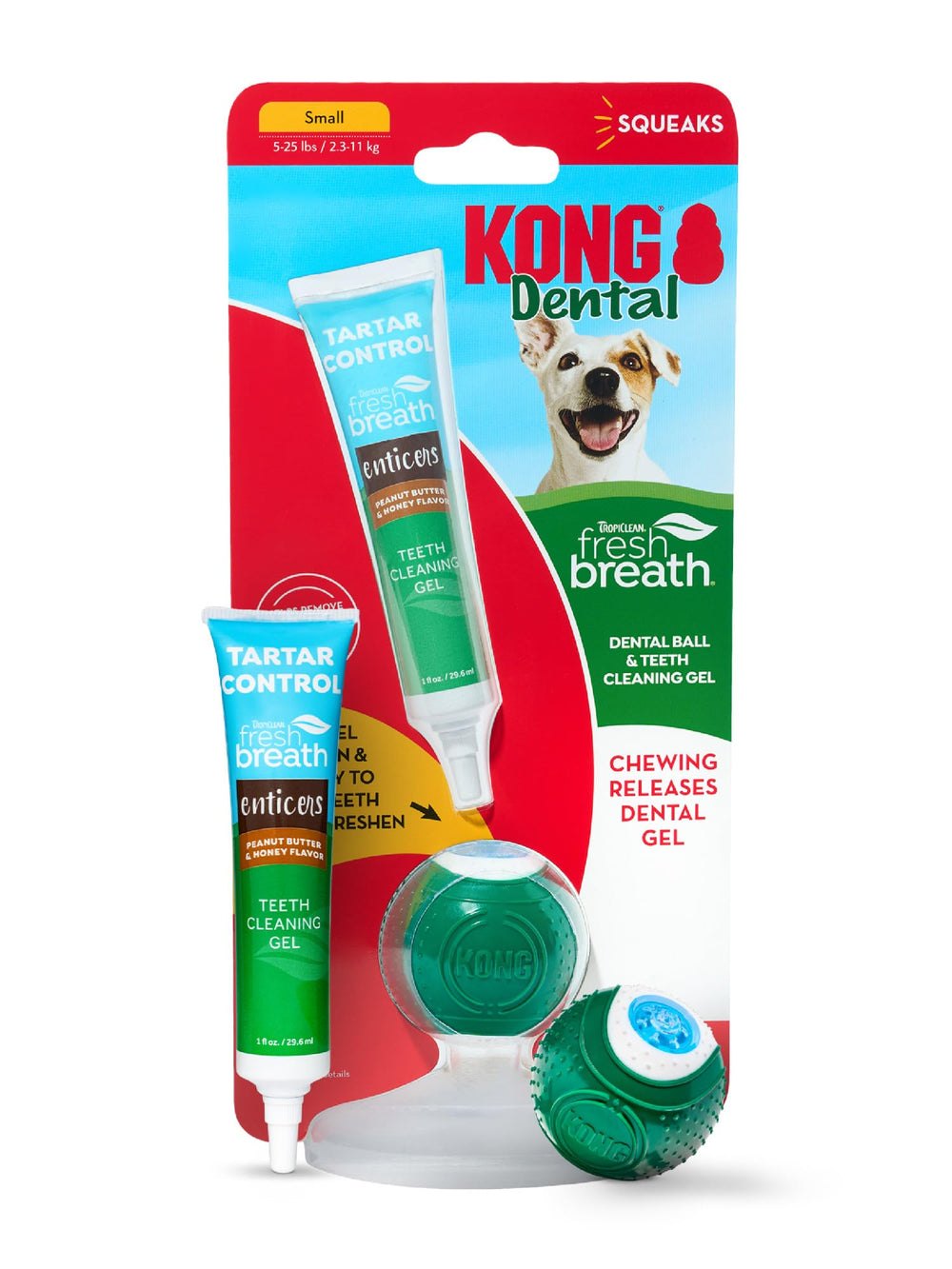 TropiClean Fresh Breath KONG dental ball engages small dogs during chew with toothpaste release.