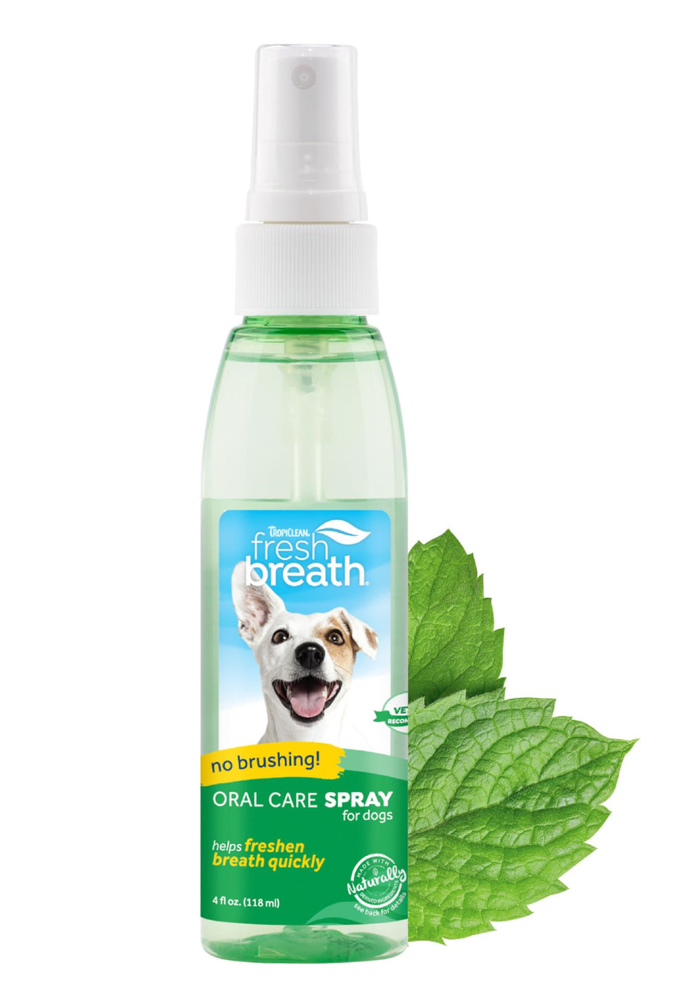 TropiClean Fresh Breath Spray bottle ready for a quick mint spritz after meals.