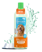 TropiClean fresh breath water additive bottle pour demonstrates easy daily dosing for dental care