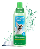 TropiClean Fresh Breath Water Additive bottle pour promotes fresh breath for dogs.