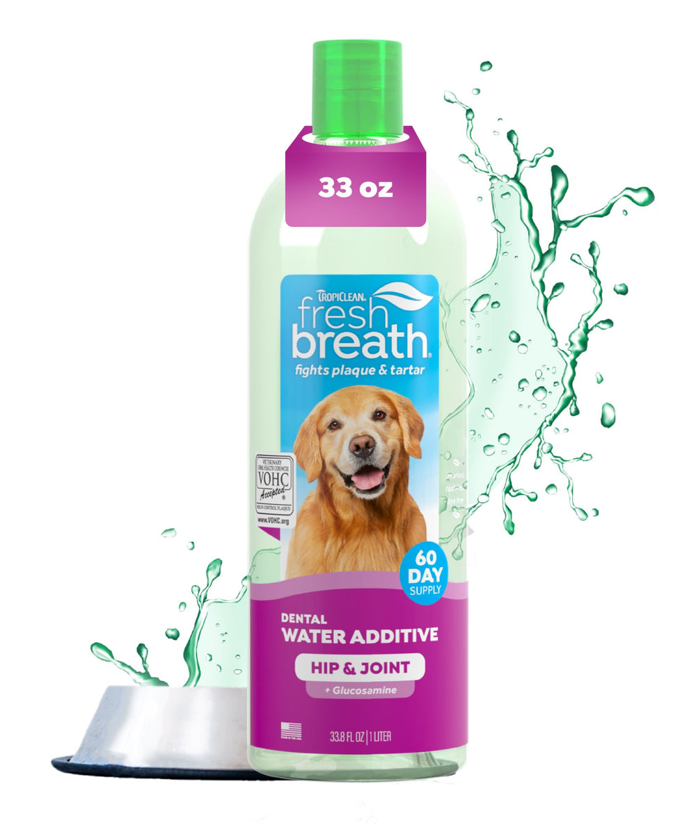 TropiClean Fresh Breath Water Additive bottle for dogs supports daily dental care.
