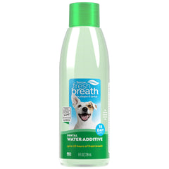 TropiClean Fresh Breath Water Additive bottle shows easy daily breath freshening