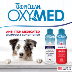 TropiClean Oxymed conditioner tube emphasizes moisture lock for longer-lasting skin comfort.