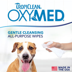 TropiClean Oxymed wipes come in a 50-count pack for routine care.