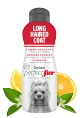 TropiClean Perfect Fur detangling shampoo bottle for long coats enhances detangling