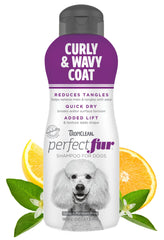 TropiClean Perfect Fur shampoo bottle demonstrates detangling for curly dog coats.