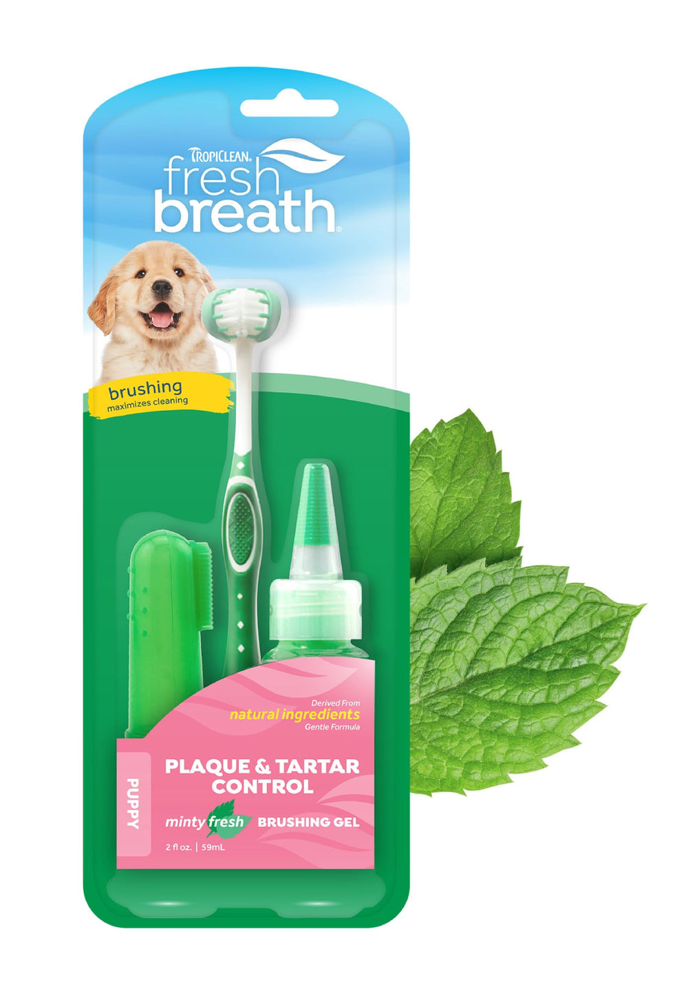 TropiClean Puppy TripleFlex toothbrush cleans teeth and eases brushing, targets plaque.