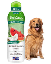 TropiClean Watermelon 2 en 1, botella vertiendo, para lavado suave y refrescante.