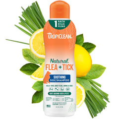 TropiClean Soothing Flea and Tick Shampoo bottle front shows gentle cleansing and citrus scent