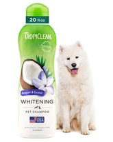 TropiClean whitening dog shampoo bottle pour delivers refreshing awapuhi scent.
