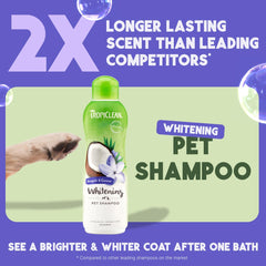 TropiClean whitening dog shampoo lather-foam provides rich cleansing suds.