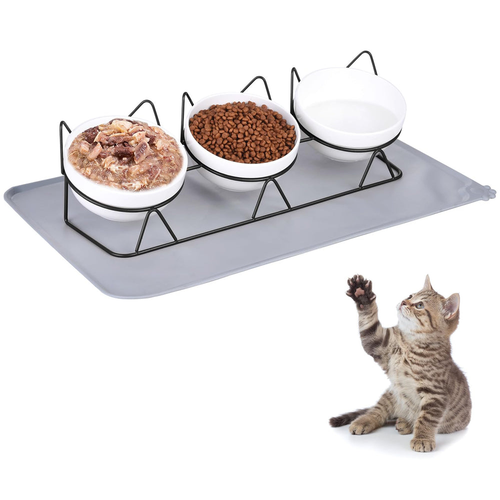 Trosetry 3pack cat bowls with ceramic raised stand promote comfortable elevated feeding.