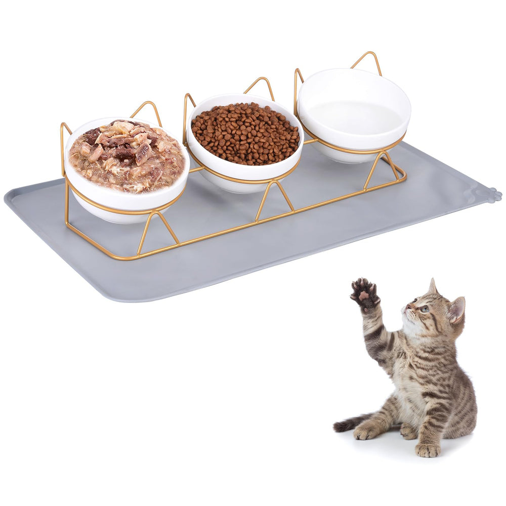 Trosetry cat bowls set on elevated tilt stand promotes comfortable dining posture for cats.