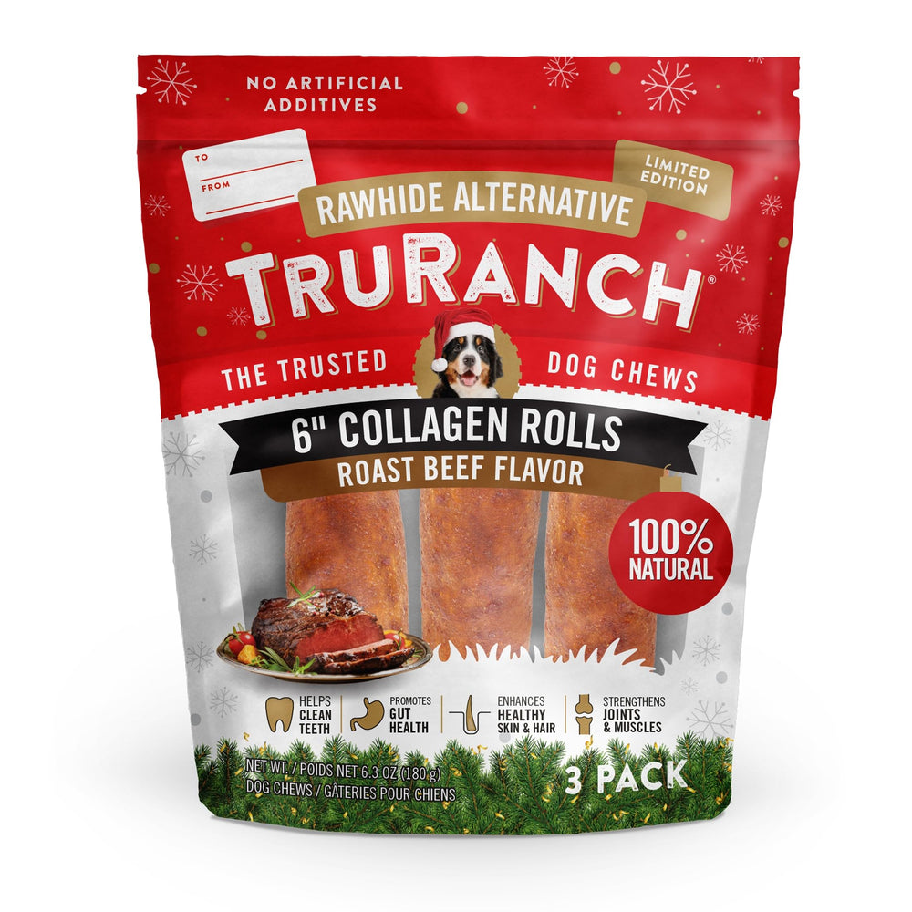 TRURANCH collagen rolls roast beef packaging highlights rawhide-free holiday treat