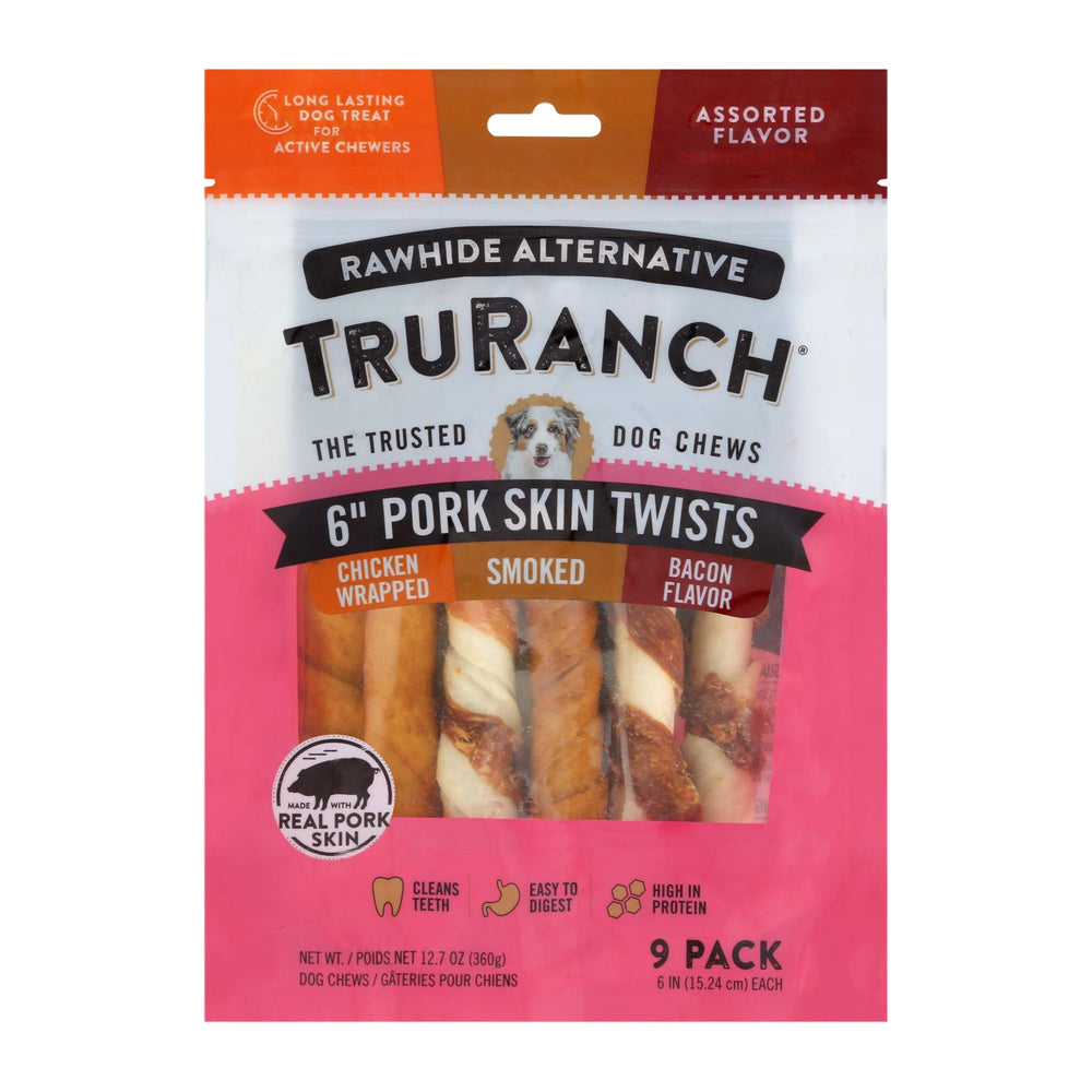 TRURANCH pork skin twists pack-shot showing resealable bag with assorted flavors for dogs enjoyment.