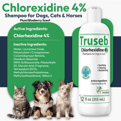 Truseb shampoo label showing Aloe and 4% chlorhexidine for pet care.