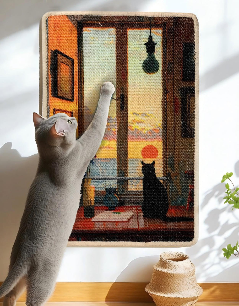 Truvito 3-in-1 sisal scratcher mat on floor with sunset design for indoor cats
