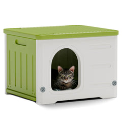 TSEHOOHOO plastic cat house green exterior offers sheltered outdoor use.