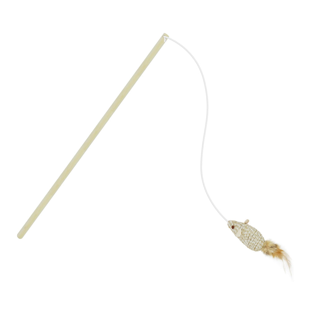 TTcat wood cat wand toy with feather mouse in action for engaging indoor play.