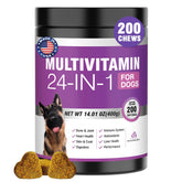 TTLXBL 24-in-1 dog vitamins bottle label showing peanut-butter chews for skin and coat support