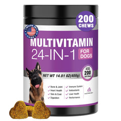 TTLXBL 24-in-1 dog vitamins bottle label showing peanut-butter chews for skin and coat support