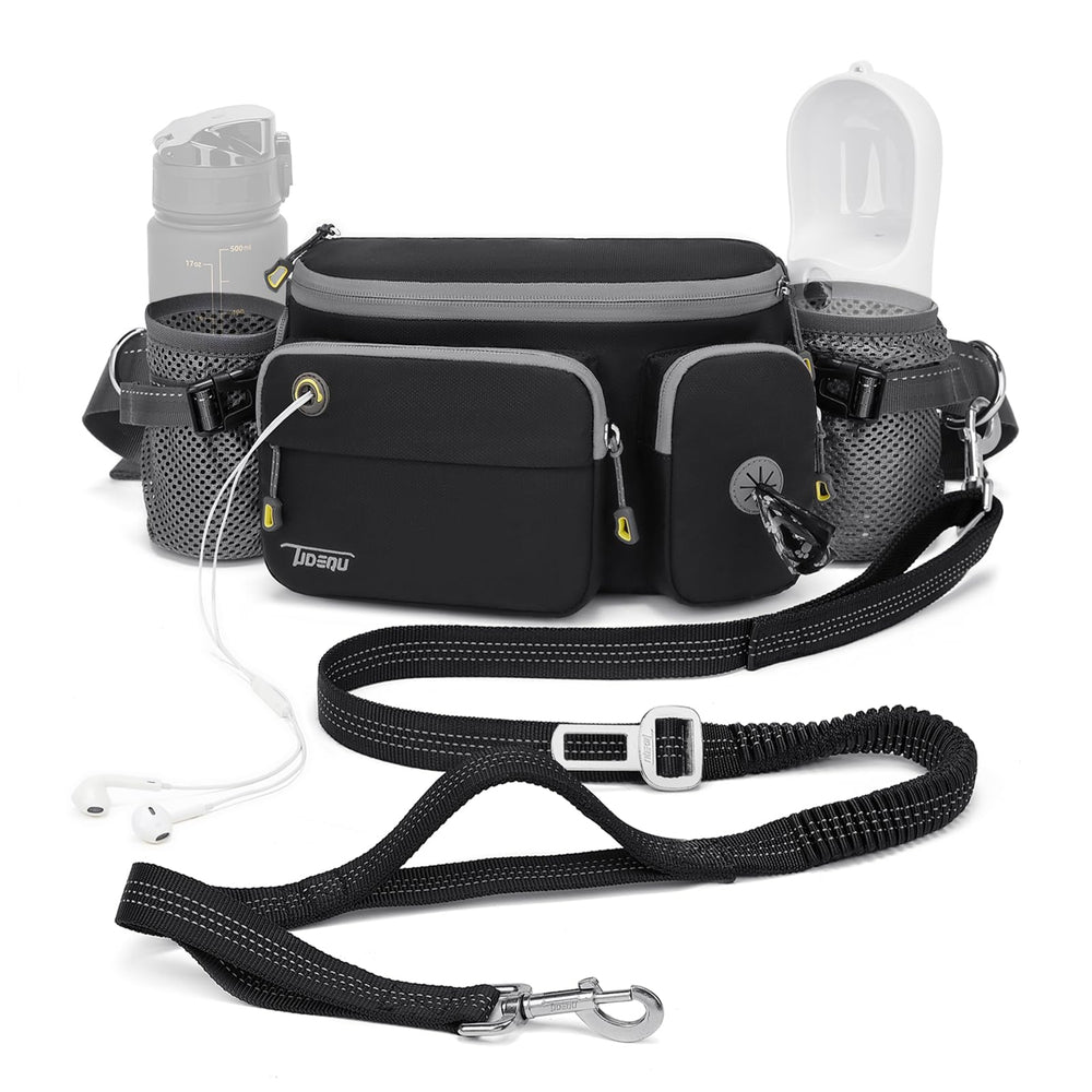 TUDEQU 4-in-1 dog walking belt worn during runs for hands-free control.
