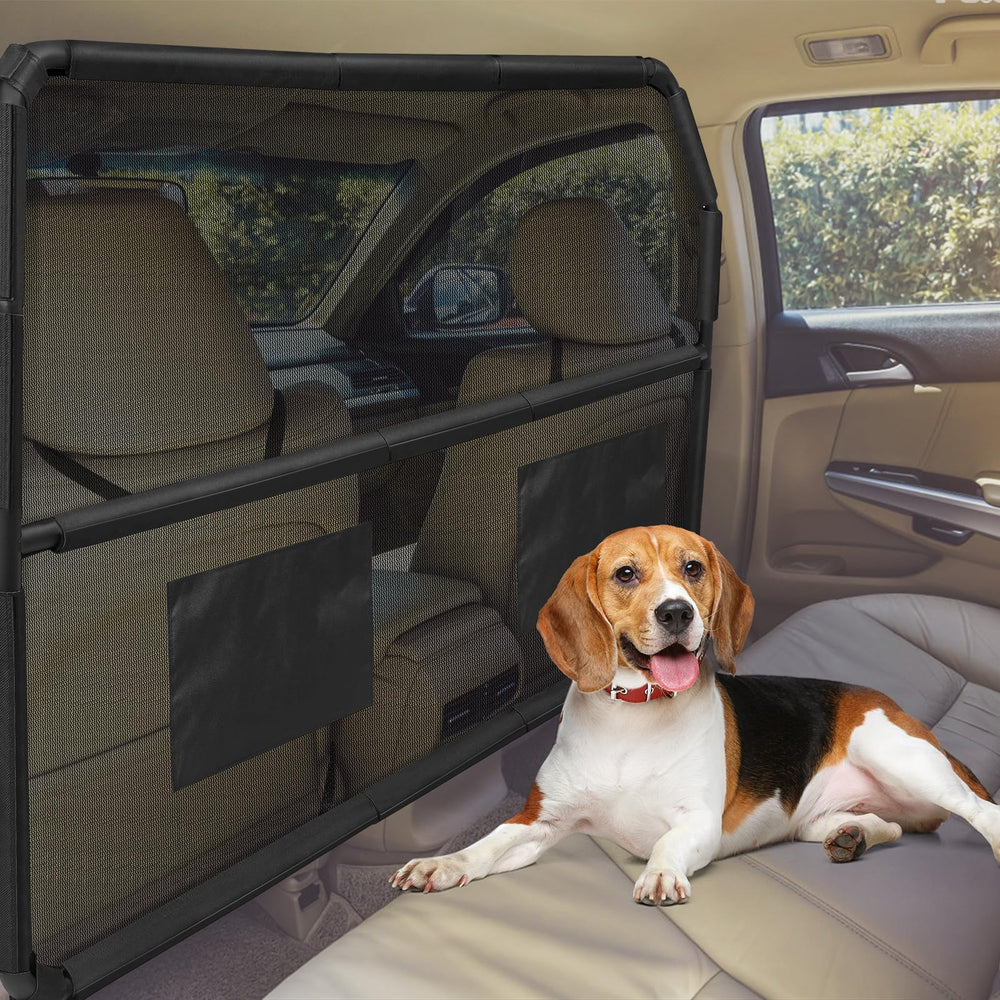 Tuenort dog car barrier backseat view with see-through mesh for safer driving.