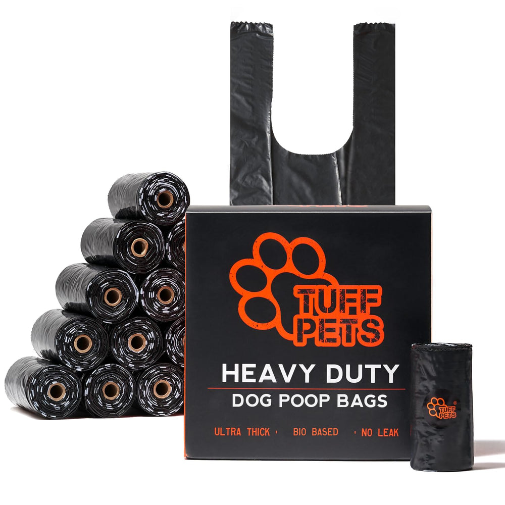 Tuff Pets heavy-duty poop bag roll with easy-open sticker for quick pickups.