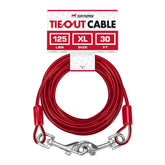 Tuff Pupper dog tie-out cable 30ft stretched between trees for safe yard exploration.