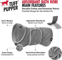 Tuff Pupper giant gray bath robe back view showing adjustable belly strap for a secure fit