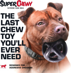 Tuff Pupper SuperChewy ball in dog mouth—promotes safe, controlled chewing sessions.