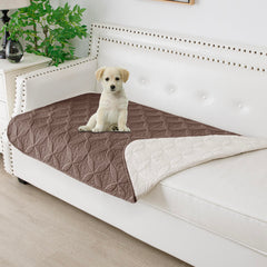 Tuffeel dog blanket on sofa in chocolate and cream protects furniture