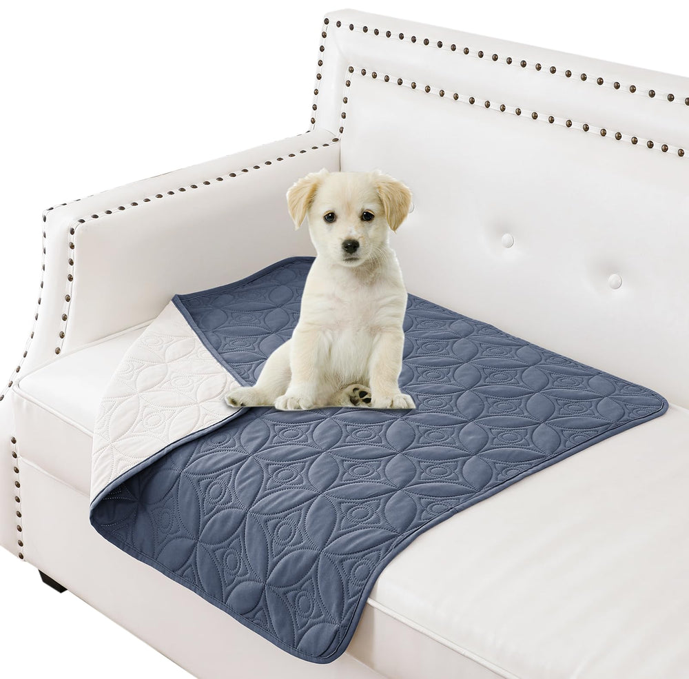 Tuffeel TPU-lined dog blanket folded with blue and cream sides guard furniture from spills.