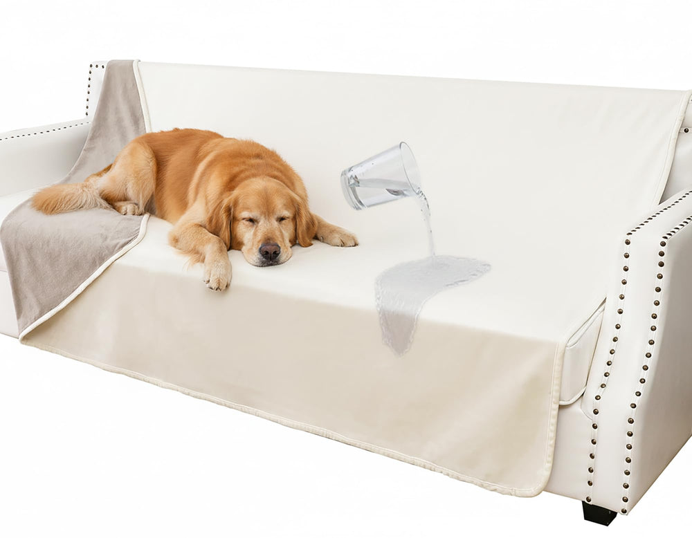 Tuffeel waterproof blanket on couch protects furniture from spills.