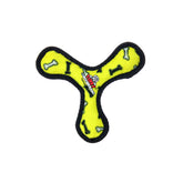 Tuffy Jr Bowmerang Yellow Bone front view shows a soft, durable toy for small dogs.