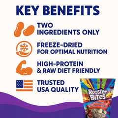 TUKAHO Rooster Bites ingredients layer shows beef liver and peanut butter for trusted, simple nutrition.