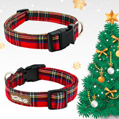 Tunkoo Christmas plaid dog collar buckle closeup emphasizes secure quick-release design.