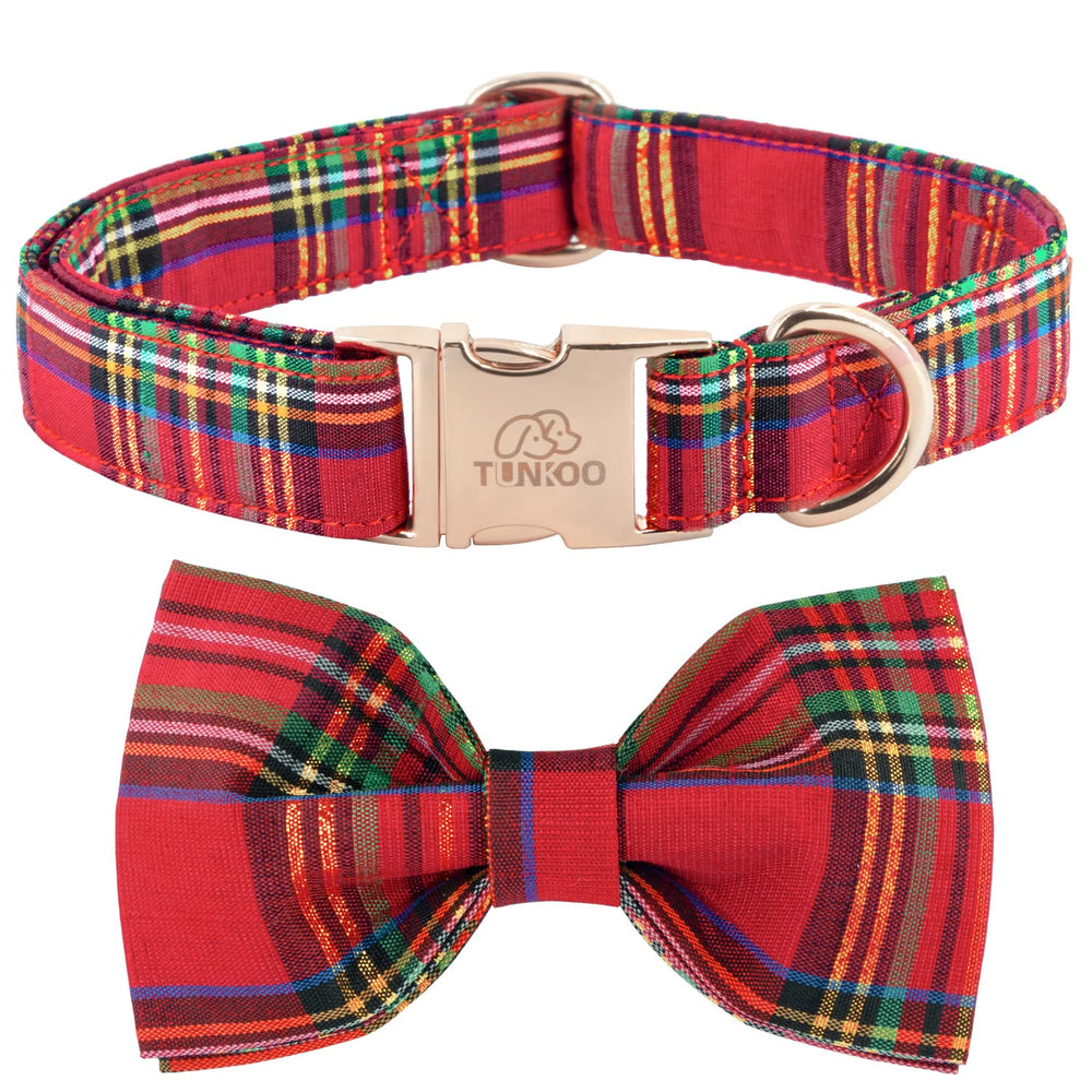 Tunkoo dog collar with Christmas plaid bow-tie in red, ideal for festive walks